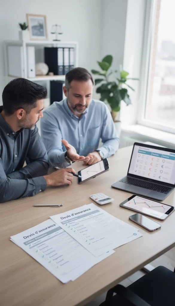 Deux hommes discutent de devis d'assurances auto